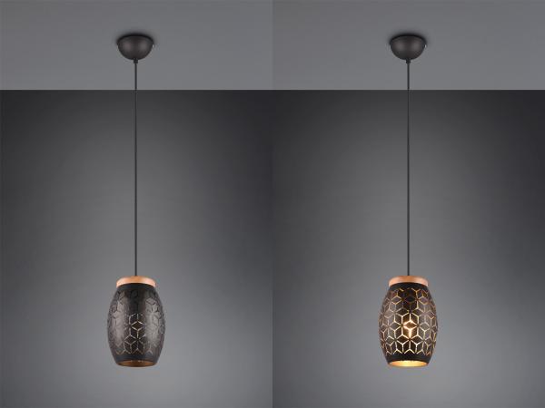 Kleine LED Pendelleuchte in Schwarz/Gold mit ausgefallenem Stanzmuster, Ø 15cm