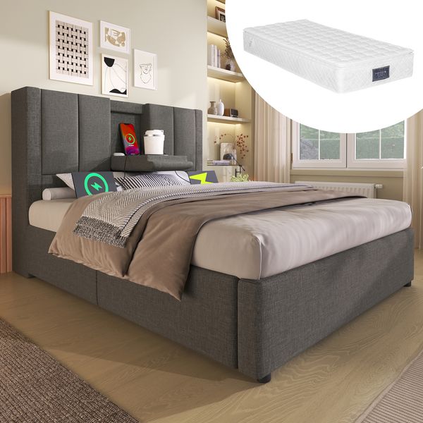 Polsterbett 90×200 cm mit Bettkasten, USB/Type-C und Becherhalter, Grau, mit Matratze