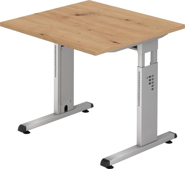 bümö höhenverstellbarer Schreibtisch O-Serie 80x80 cm in Asteiche, Gestell in Silber - PC Tisch klein für's Büro manuell höhenverstellbar, Computertisch verstellbar, OS-08-R-S