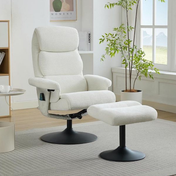 BBWL Relaxsessel Relaxsessel mit Massagefunktion und Heizsystem, 140° Liegefunktion, 360° drehbar, Hocker, Chenille-Stoff, weiß, ergonomisch & bequem