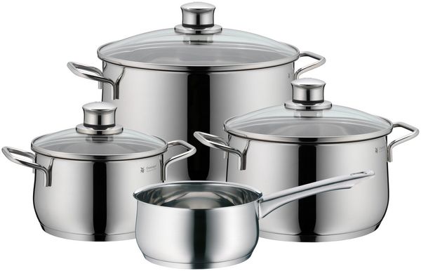 WMF Diadem Plus Topfset Induktion 4-teilig, Kochtopf Set mit Glasdeckel, breiter Schüttrand, Cromargan Edelstahl poliert, Induktions Töpfe Set unbeschichtet, alle Herdarten, spülmaschinengeeignet