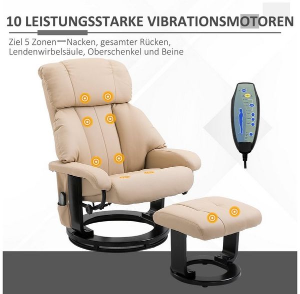 HOMCOM Massagesessel Fernsehsessel, Hocker, aus Kunstleder, Kann sitzen, um 360° drehen (Liegesessel, 2-St, Relaxliege), für Wohnbereich, Cremeweiß Bild 3