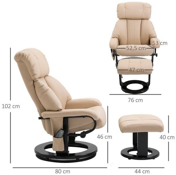 HOMCOM Massagesessel Fernsehsessel, Hocker, aus Kunstleder, Kann sitzen, um 360° drehen (Liegesessel, 2-St, Relaxliege), für Wohnbereich, Cremeweiß Bild 2