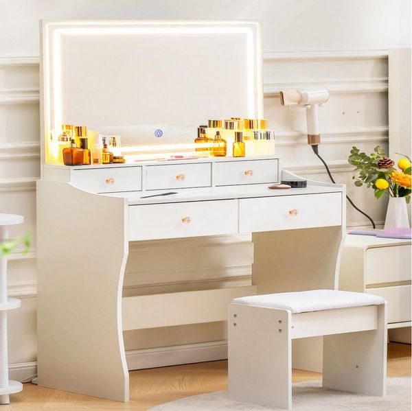 COMHOMA Schminktisch mit Spiegel und LED, 5 Schubladen, 80 x 40 x 135 cm mit Hocker, Steckdosen+verstellbaren LED-Beleuchtung