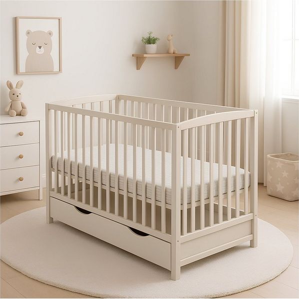 Baby-Delux Babybett Taupe Gitterbett Bettkasten Schutzgitter, Kinderbett 60x120 Kiefernholz Schublade Barriere Matratze