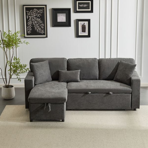 Ecksofa Bett Dunkelgrau aus Oxford-Stoff, ausziehbar mit Regal & USB, 215x131x85 cm