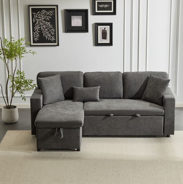 Ecksofa Bett Dunkelgrau aus Oxford-Stoff, ausziehbar mit Regal & USB, 215x131x85 cm