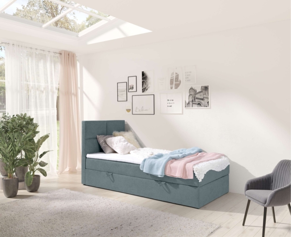 99rooms Larni Boxspringbett Velours KRONOS Himmelblau 90x200 cm