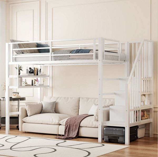 Merax Hochbett (1-St) Metallbett 90x200cm mit Stauraumtreppe Regalfächern Spielbereich