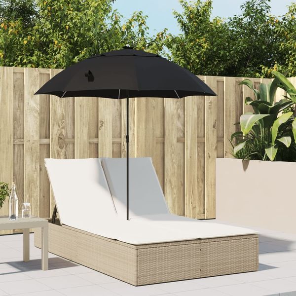 Doppel-Sonnenliege, Gartenliege mit Kissen & Sonnenschirm Beige Poly Rattan