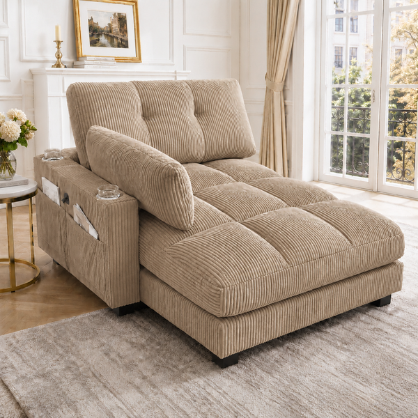 4-Sitzer Sofa m. Hocker+Stauraum, Samt, Getränkehalter, Seitentaschen, Khaki