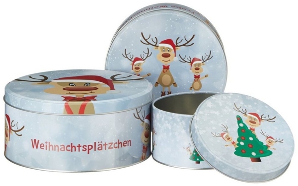 Spetebo Keksdose Metall Gebäckdose 3er Set - RENTIER OLE, Metall, (Set, 3-tlg, 3-teilig), Weihnachts Gebäckdose Keksdose aus Metall stapelbar