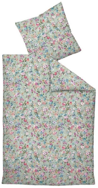 Janine Bettwäsche JANNE, 135 x 200 cm, Grün, mehrfarbige Blüten, Satin, 2 teilig, mit Reißverschluss