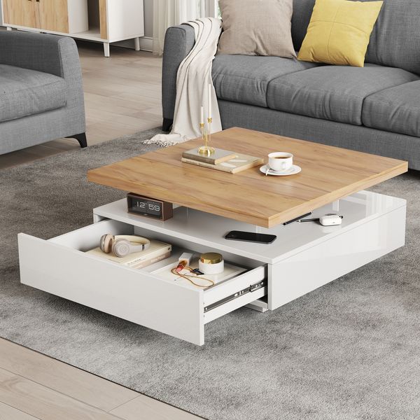 Couchtisch 70x70x36 cm mit 360° drehbarer Tischplatte, Hochglanz-Front und Schublade