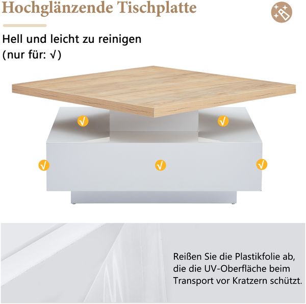Couchtisch 70x70x36 cm mit 360° drehbarer Tischplatte, Hochglanz-Front und Schublade Bild 8