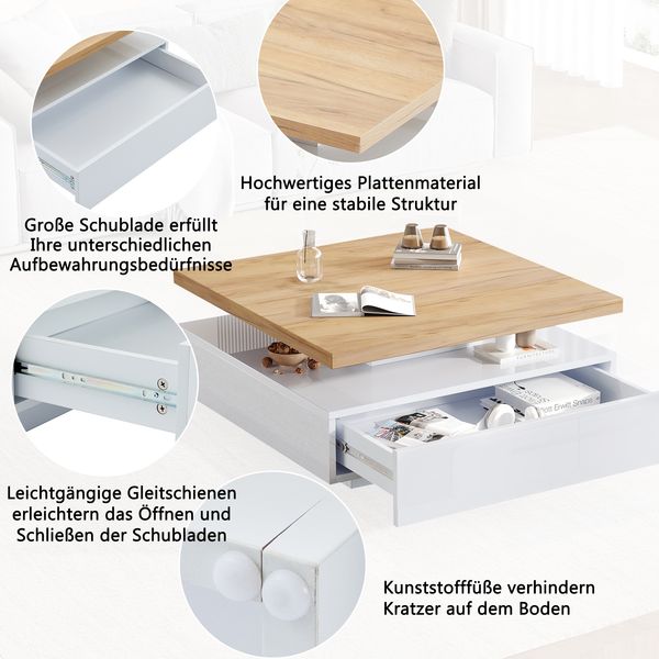 Couchtisch 70x70x36 cm mit 360° drehbarer Tischplatte, Hochglanz-Front und Schublade Bild 9