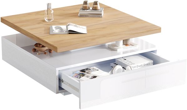 Couchtisch 70x70x36 cm mit 360° drehbarer Tischplatte, Hochglanz-Front und Schublade Bild 7