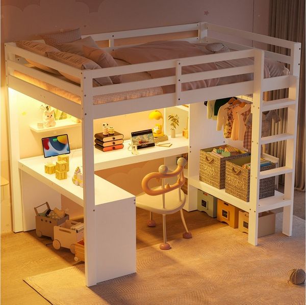 Flieks Hochbett Kinderbett Holzbett 140x200cm mit LED & USB, Schreibtisch, Stauraum