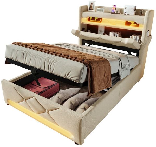 REDOM Polsterbett Modernes Bett mit Ladefunktion und Stauraum (Struraumbett, Funktionsbett, 90*200, Ohne Matratze), Kopfteil mit USB und Typ C-Port