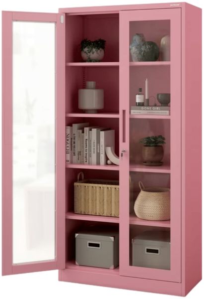 Vitrinenschrank abschließbar AMELIA - Glastüren, 5 Ebenen | Büroschrank aus Stahl Aktenschrank mit Glasfenster Metallschrank Mehrzweckschrank, 185x90x40cm Rosa