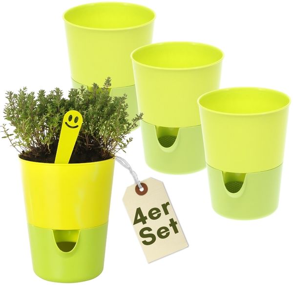 4er Set Kräutertopf mit Bewässerungssystem Kräutertopf Küche Indoor Kräutergarten Fensterbank Blumentopf Selbstbewässerungstopf Basilikum Pflanzentopf Grün 11 cm
