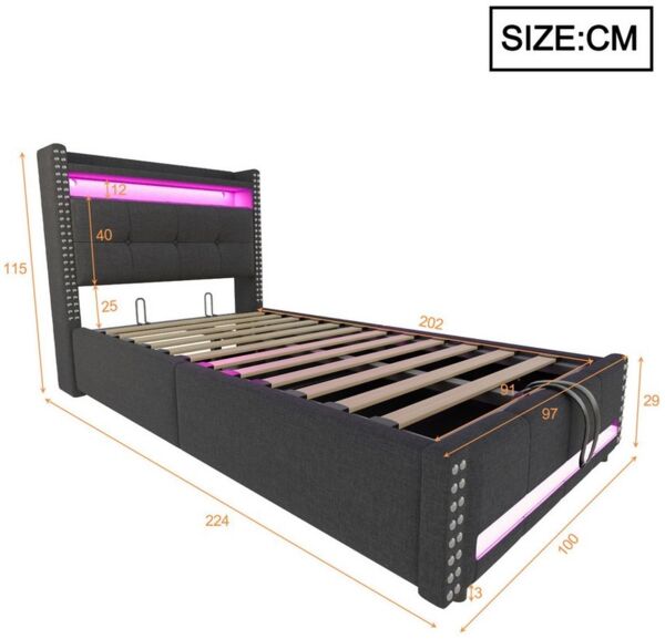 Celya Polsterbett Kinderbett 90x200cm mit LED-Beleuchtung und USB-Steckdose (Ohne Matratze, Mit Hydraulik für die Lagerung, Einzelbett, Leinenstoff), Kopfteil mit Einlegeböden und Stauraum