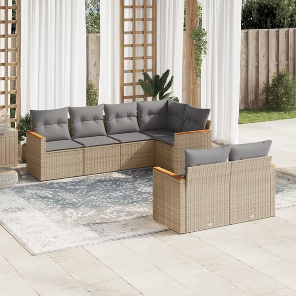 vidaXL 7-tlg. Garten-Sofagarnitur mit Kissen Beige Poly Rattan 3226143