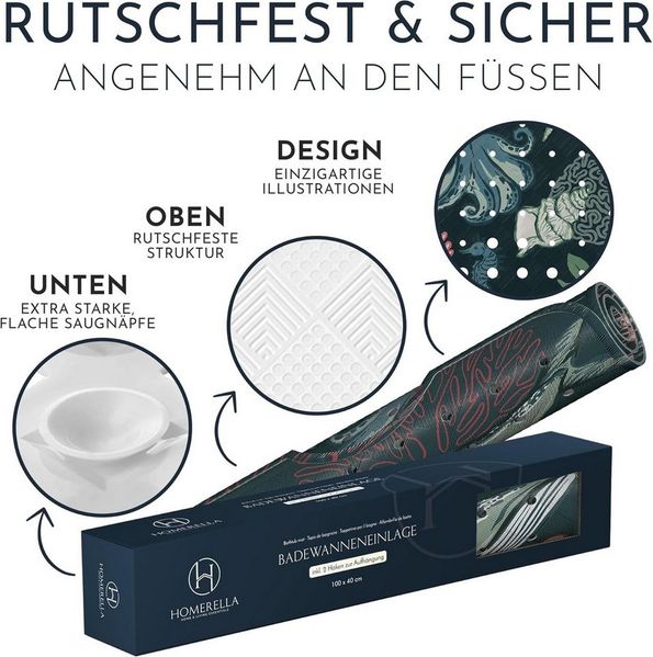 Homerella Badematte rutschfest 100% BPA frei inkl. 2 Haken zum Aufhängen 100x40cm, Antirutschmatte Badewanne hautsensitiv & schimmelresistent Bild 4