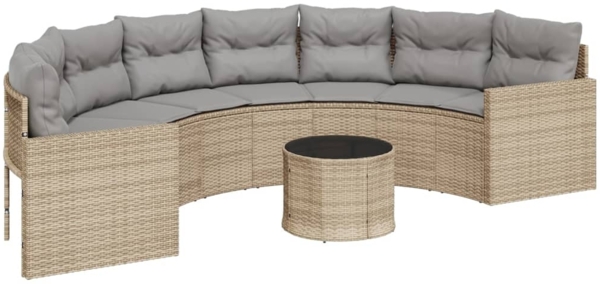 vidaXL Gartensofa mit Tisch und Kissen Halbrund Beige Poly-Rattan 3318519