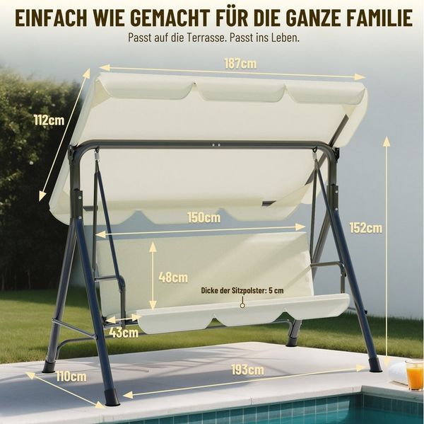 Huracan Hollywoodschaukel 3-Sitzer, Gartenschaukel mit Verstellbarem Sonnendach, 3-Sitzer, 193*110*152cm, UV-Schutz Wetterfest, Schaukelbank 220kg Belastbar