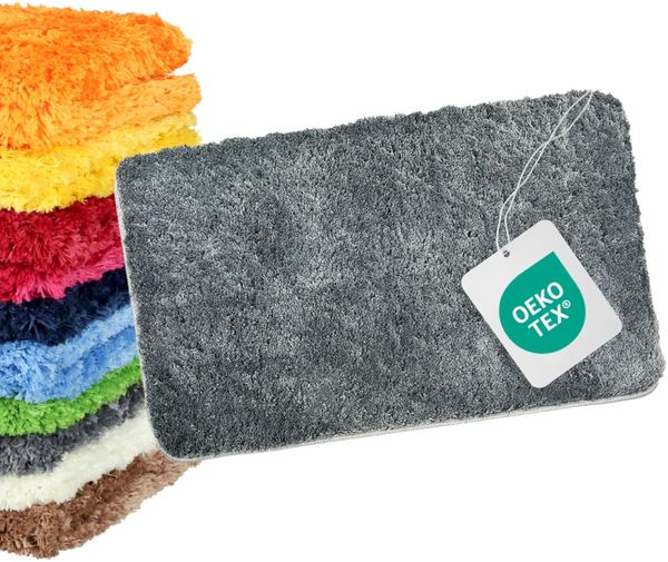 WohnDirect Badezimmerteppich 60x100 cm Grau – Badematte Flauschig & rutschfest, Saugstarker Badvorleger Mikrofaser, Waschbarer Läufer, für Fußbodenheizung geeignet