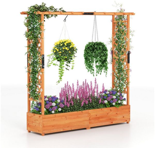 COSTWAY Blumenkasten (1 St), Hochbeet mit Rankgitter, für Kletterpflanzen, 196 x 44 x 182 cm