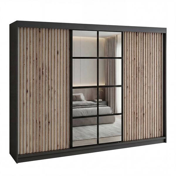 Schwebetürenschrank NORIVO 3-türig Schrank 200 cm (mit Spiegel) Farbe: Schwarz,Weiß,Schwarz,Weiß Bild 2