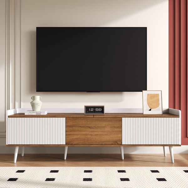 TV-Schrank Weiß Natur Lowboard 160 x 39 x 49,5 cm, modernes Sideboard mit drei Türen in Streifenoptik