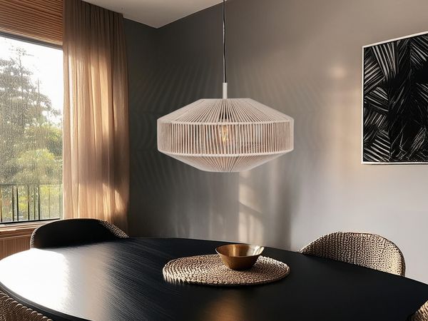 Boho Pendelleuchte SVEA Lampenschirm aus Baumwolle Beige, Ø 46cm