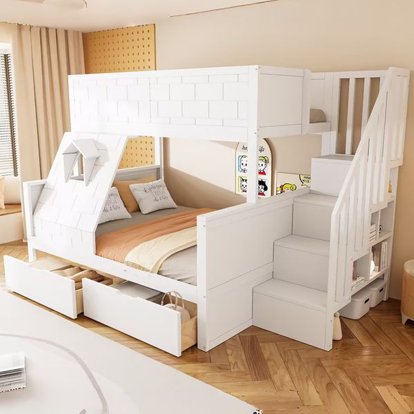 Merax Kinderbett, Etagenbett mit Sicherheitsleiter, Schubladen und Fenster, Oberes Bett 90 x 200cm, Unteres Bett 140 x 200cm, Weiß