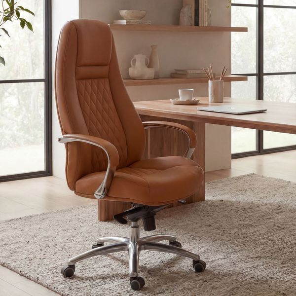 Amstyle 'Austin' Chefsessel mit Hartbodenrollen, Echt-Leder caramel, max. 120 kg