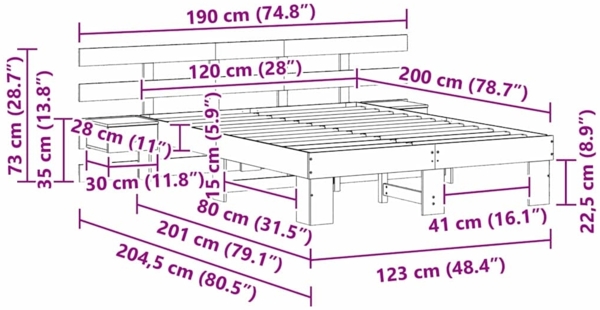 vidaXL Bettrahmen mit Kopfteil Braun 120 x 200 cm Massives Kiefernholz 3385693 Bild 10