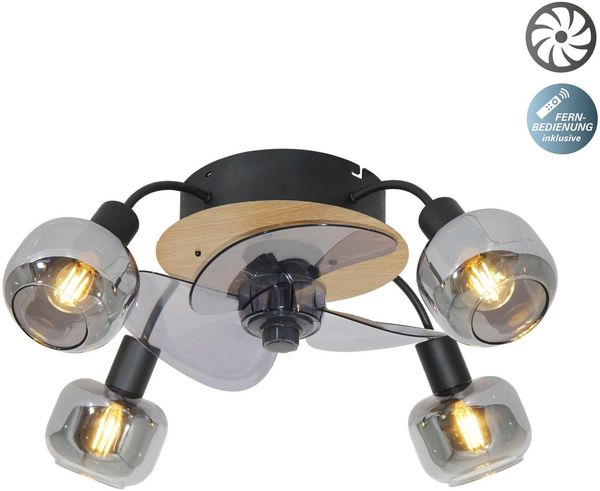 näve Deckenleuchte Fumoso Deckenventilator, Ventilatorfunktion, ohne Leuchtmittel, Deckenlampe, Ventilator, Fernbedienung, 4flg, E14 exkl, Glasschirme