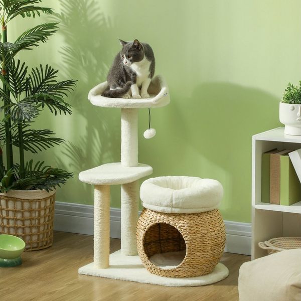 PawHut Kratzbaum 79 cm, mit Katzenhöhle, Bett, Spielbälle, Sisal-Kratzsäulen, für Katzen bis 5 kg, Cremeweiß