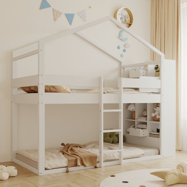 Merax Etagenbett 90×200 cm, Kinderbett, Jugendbett, Einzelbett, beide Etagen mit Stauraum, entspricht der Norm EN747, mit Lattenrost, Kiefernholz, weiß