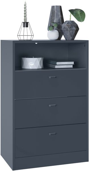 Vladon Kommode Pino V2, Anrichte mit 3 Schubladen & 1 offenem Fach, Anthrazit matt/Anthrazit matt ohne LED (56 x 86,5 x 36 cm)