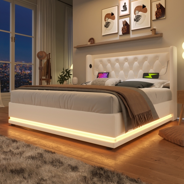 Polsterbett 160x200 cm aus PU Weiß mit Stauraum, USB‑Typ‑C und 3‑seitiger LED-Beleuchtung Bild 1