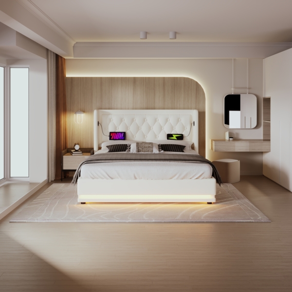 Polsterbett 160x200 cm aus PU Weiß mit Stauraum, USB‑Typ‑C und 3‑seitiger LED-Beleuchtung Bild 4