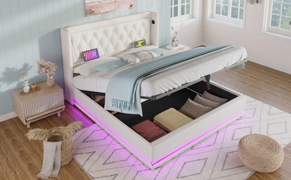 Polsterbett 160x200 cm aus PU Weiß mit Stauraum, USB‑Typ‑C und 3‑seitiger LED-Beleuchtung Bild 2