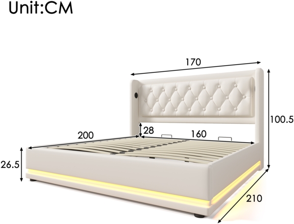 Polsterbett 160x200 cm aus PU Weiß mit Stauraum, USB‑Typ‑C und 3‑seitiger LED-Beleuchtung Bild 7