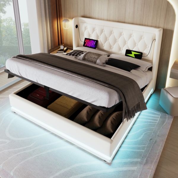 Polsterbett 160x200 cm aus PU Weiß mit Stauraum, USB‑Typ‑C und 3‑seitiger LED-Beleuchtung Bild 3