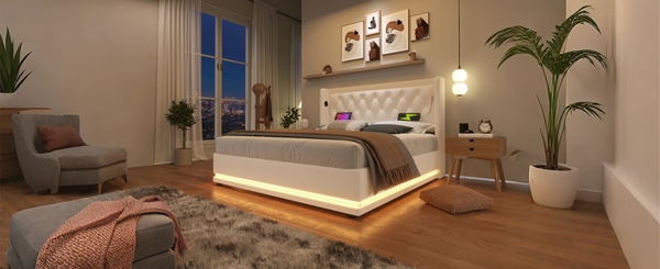 Polsterbett 160x200 cm aus PU Weiß mit Stauraum, USB‑Typ‑C und 3‑seitiger LED-Beleuchtung Bild 10