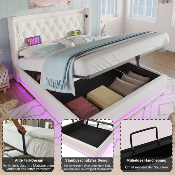 Polsterbett 160x200 cm aus PU Weiß mit Stauraum, USB‑Typ‑C und 3‑seitiger LED-Beleuchtung Bild 5