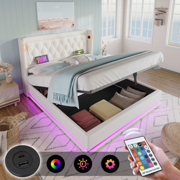 Polsterbett 160x200 cm aus PU Weiß mit Stauraum, USB‑Typ‑C und 3‑seitiger LED-Beleuchtung Bild 6